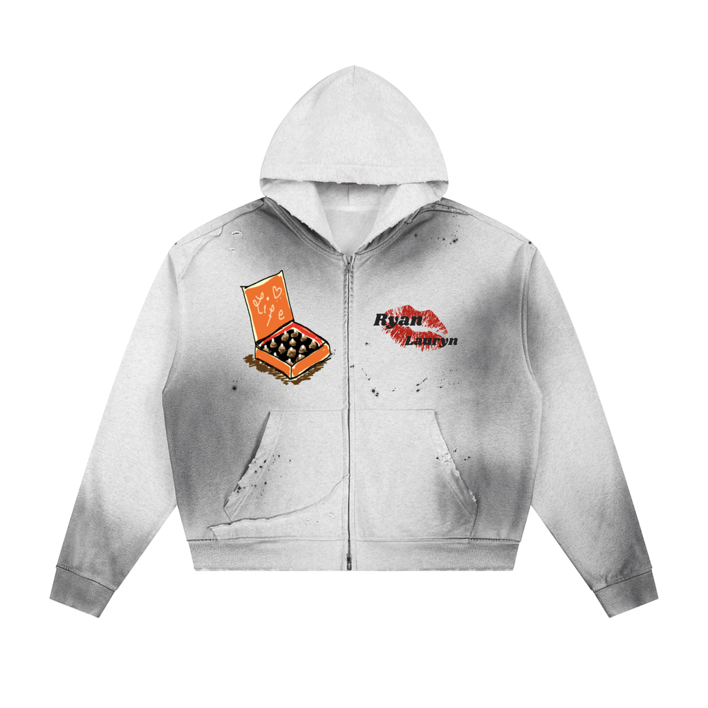 Ryan Lauryn Sun Fade Frayed Raw Edge Fleece Zip Hoodie